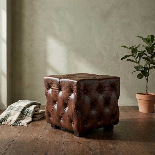 Leather Pouffe in Brown Finish - styled room view