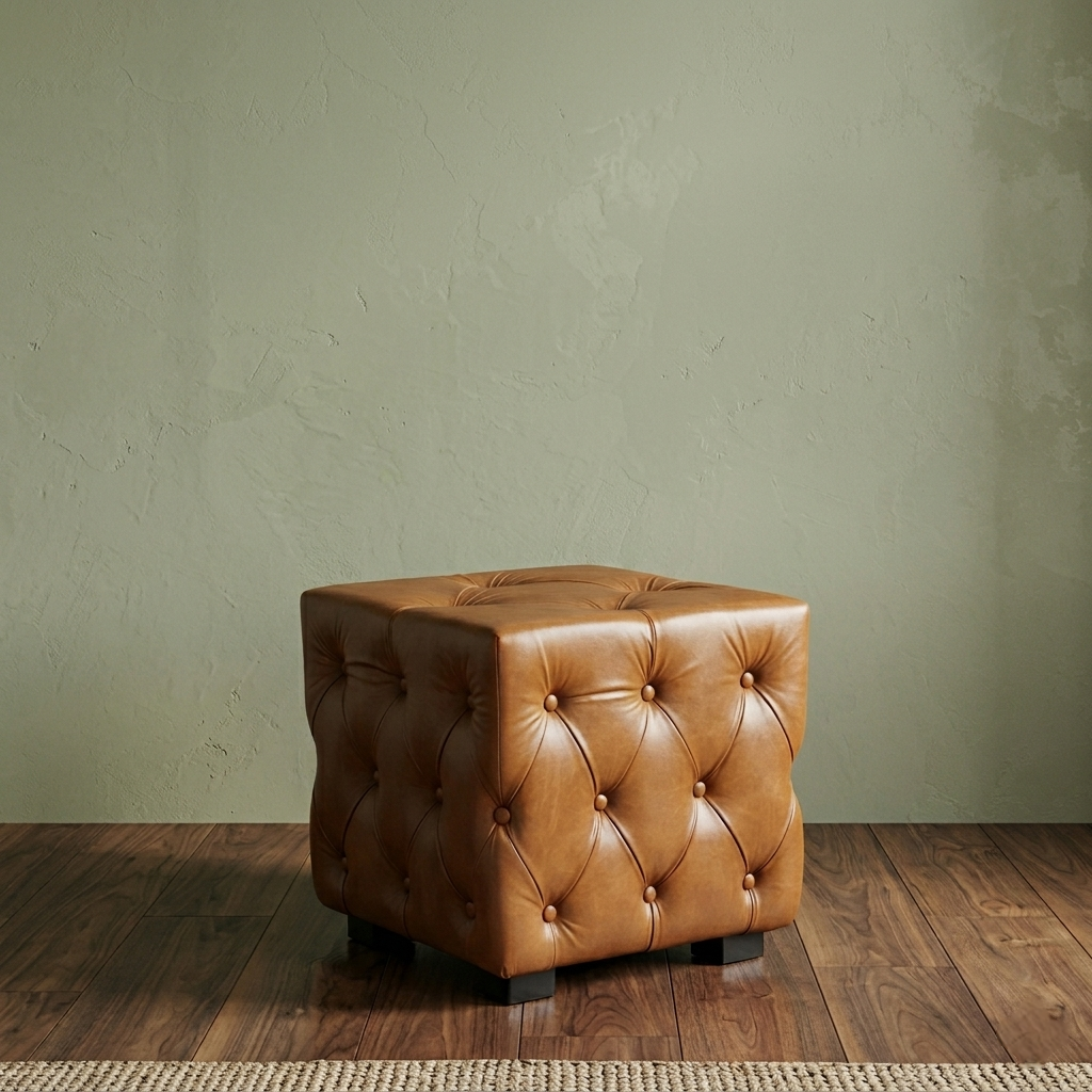 Leather Pouffe in Tan Finish - styled room view