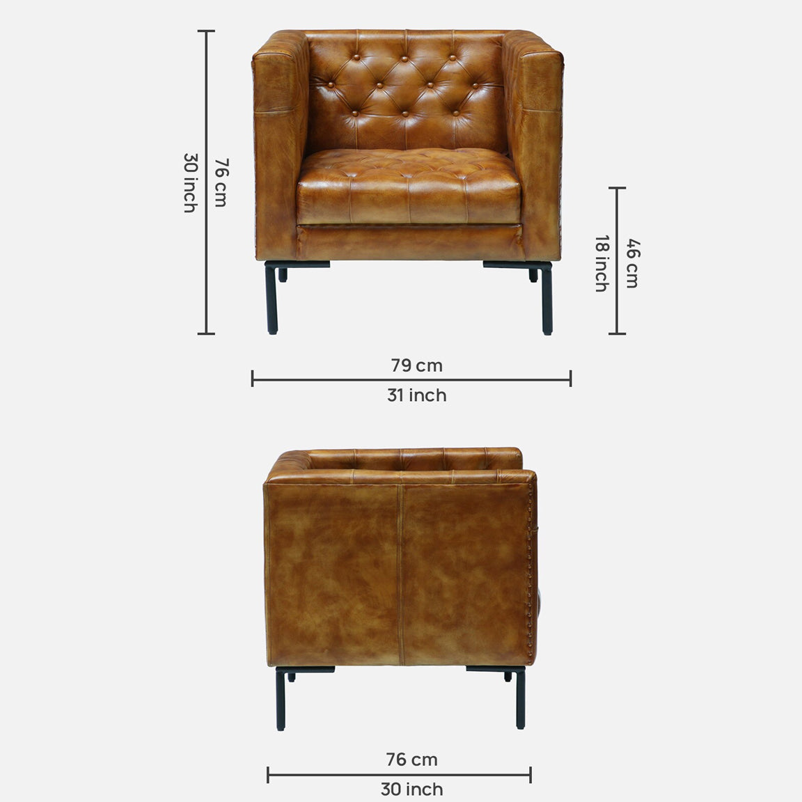 Leather Sofa 1 Seater in Tan Finish - dimensions