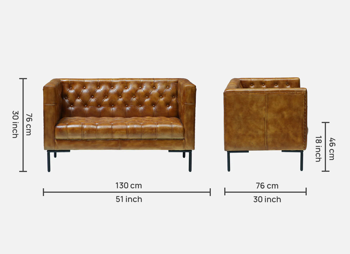 Leather Sofa 2 Seater in Tan Finish - dimensions