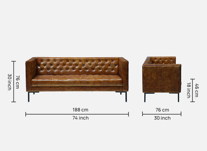 Leather Sofa 3 Seater in Tan Finish - dimensions