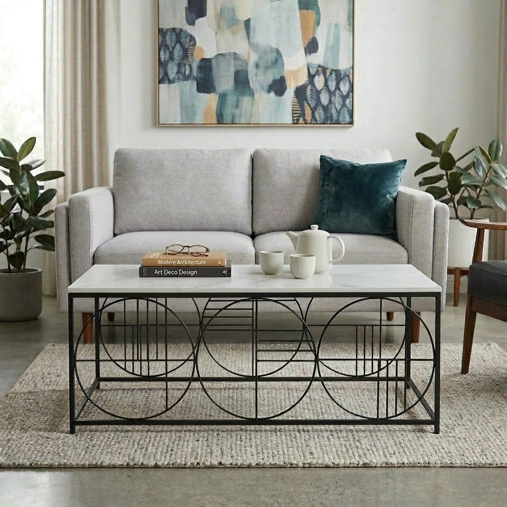 Black Metal Base and White Porcelian Top Coffee Table