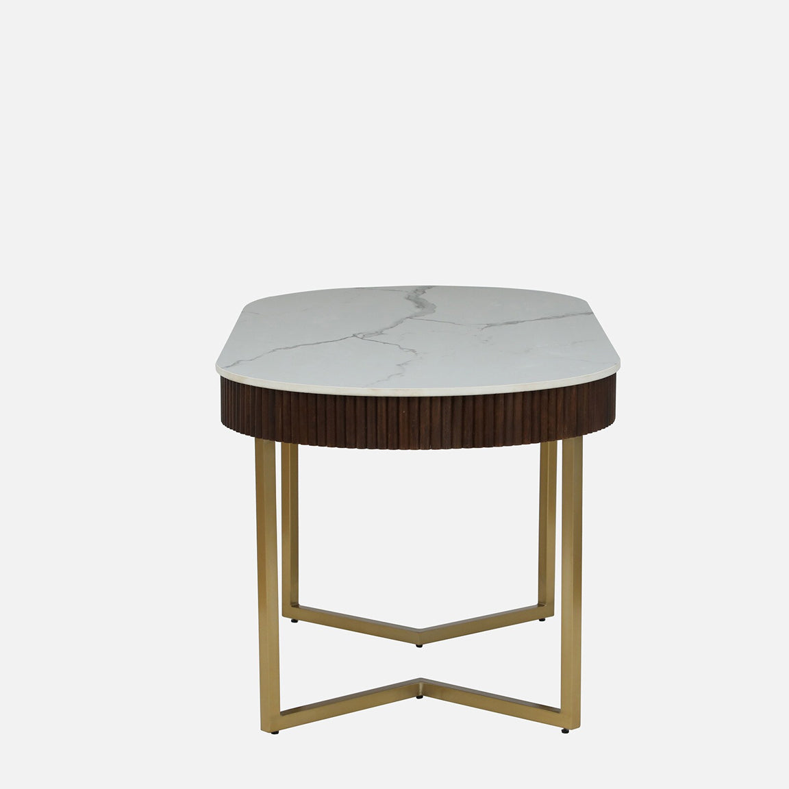 Mango Wood Dining Table with Electrplated Matt Gold Legs and White Porcelain Top and in Fluted Style