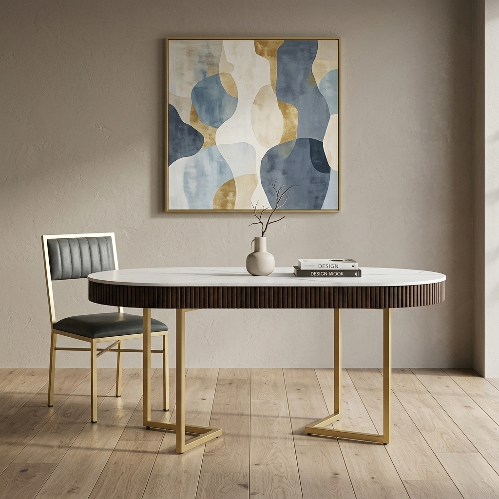 Mango Wood Dining Table with Electrplated Matt Gold Legs and White Porcelain Top and in Fluted Style - styled room view