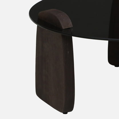 Mango Wood Wirebrush Walnut Finish Base and Glass Top Coffee Table - close-up detail