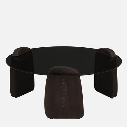Mango Wood Wirebrush Walnut Finish Base and Glass Top Coffee Table