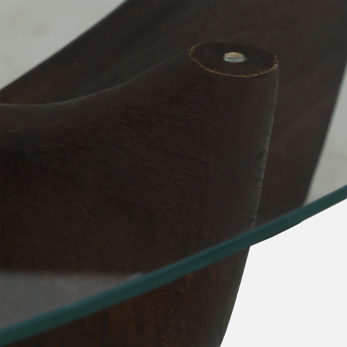Mango Wood Wirebrush Walnut Finish Base and White Glass Top Coffee Table - detail view