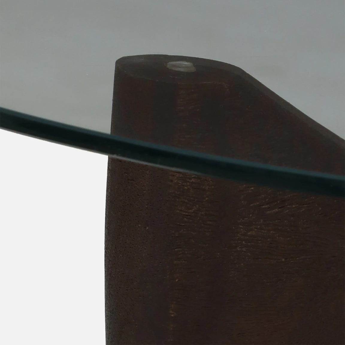 Mango Wood Wirebrush Walnut Finish Base and White Glass Top Coffee Table - close-up detail