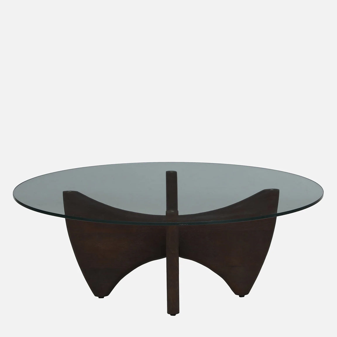Mango Wood Wirebrush Walnut Finish Base and White Glass Top Coffee Table - front view