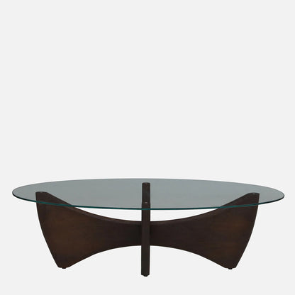 Mango Wood Wirebrush Walnut Finish Base and White Glass Top Oval Coffee Table - front view