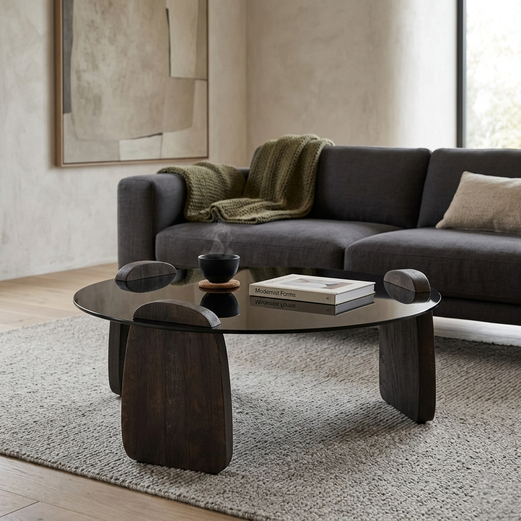 Mango Wood Wirebrush Walnut Finish Base and Glass Top Coffee Table - styled room view