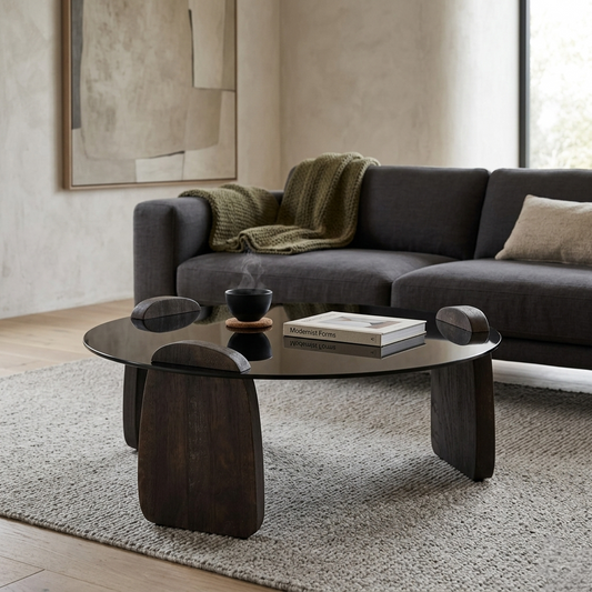Mango Wood Wirebrush Walnut Finish Base and Glass Top Coffee Table - styled room view