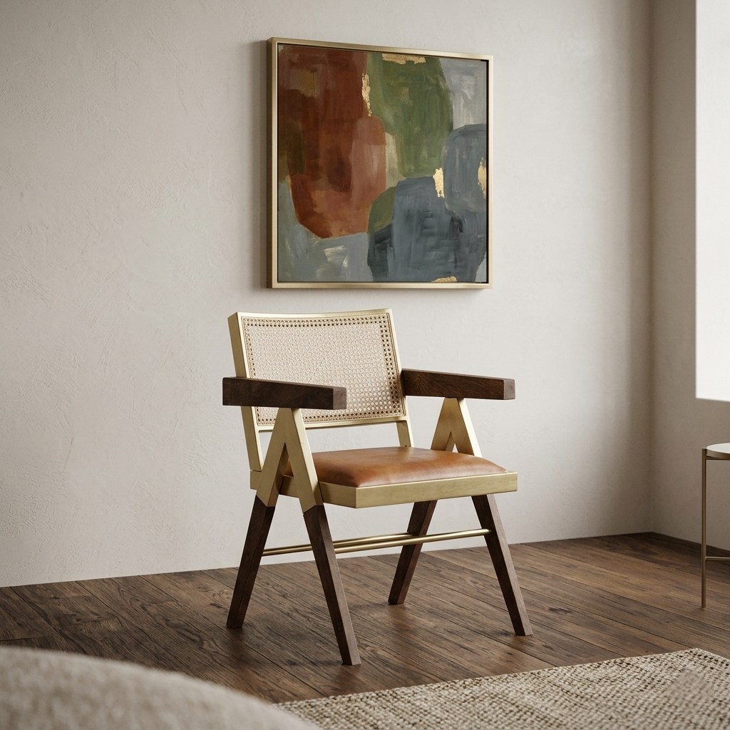 Solid Wood and Metallic Arm Chair with Rattan Back and Leather Seat - styled room view