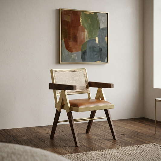 Solid Wood and Metallic Arm Chair with Rattan Back and Leather Seat - styled room view