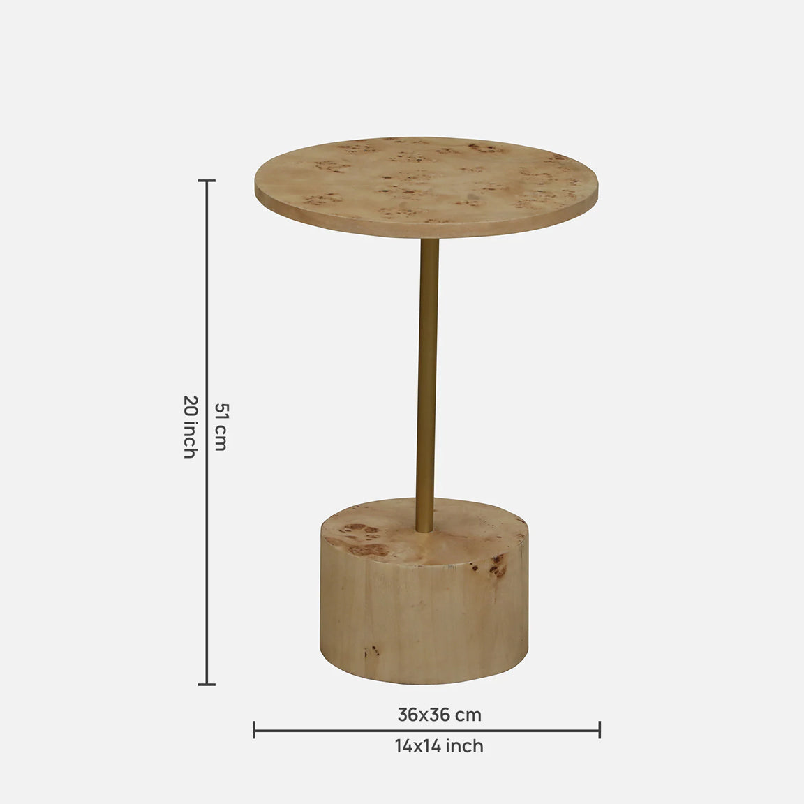 Mappa Burl Veneer Side Table in Natural Finish - dimensions