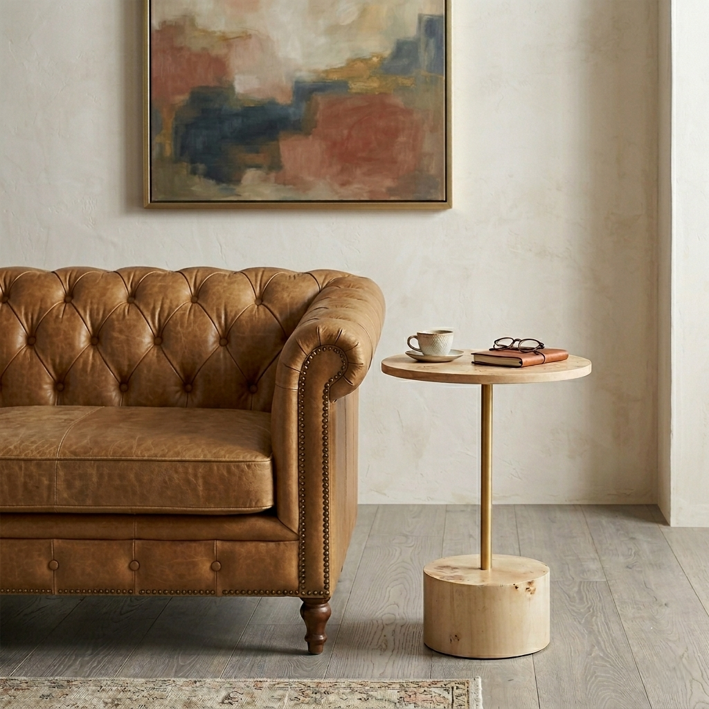 Mappa Burl Veneer Side Table in Natural Finish - styled room view
