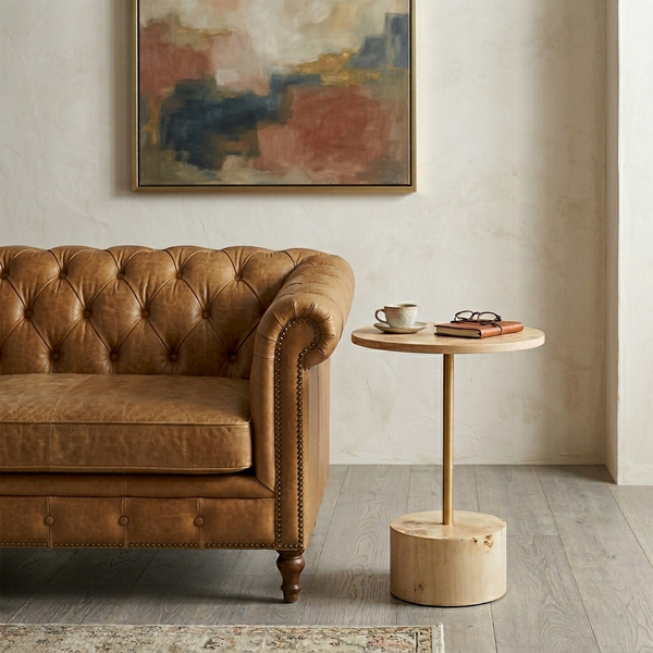 Mappa Burl Veneer Side Table in Natural Finish - styled room view