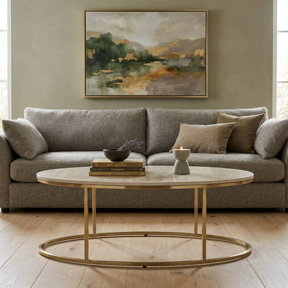 Electroplated Golden Metal Coffee Table with Travertine Top - styled room view