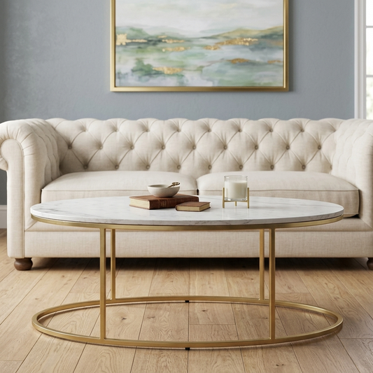 Electroplated Golden Metal Coffee Table with White Porcelain Top - styled room view