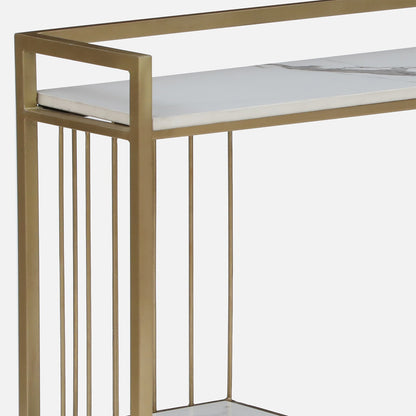 Mace Rectangle Metal Console Table - Metal Console Table Gold Electroplated Finish With Porcelain Top And Storage B View