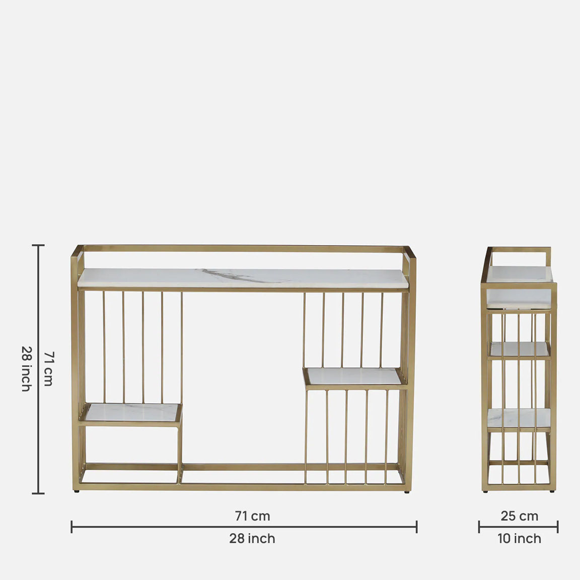 Mace Rectangle Metal Console Table - Metal Console Table Gold Electroplated Finish With Porcelain Top And Storage Dimensions
