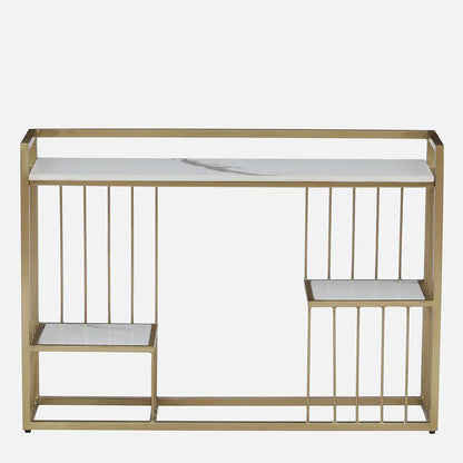 Mace Rectangle Metal Console Table - Metal Console Table Gold Electroplated Finish With Porcelain Top And Storage