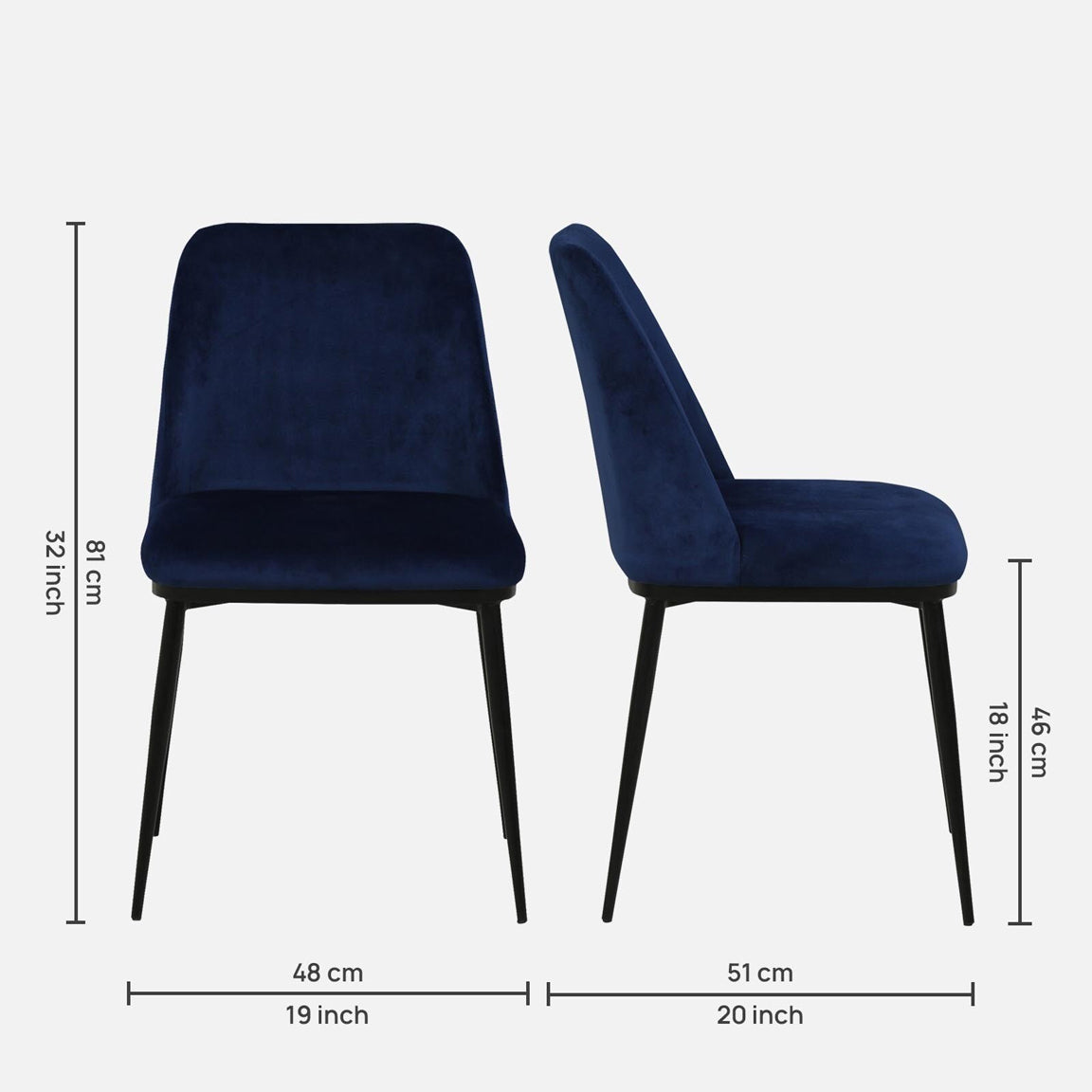 Avila Metal Dining Chair with Black legs (Set of 2) - Metal Dining Chair In Black Powder Coat Legs And Blue Fabric Seat Dimensions