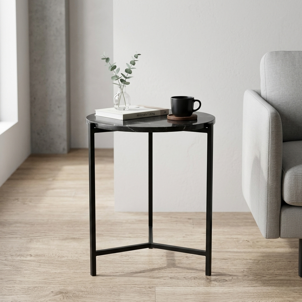 Metallic Side Table in Black Finish and Black Porcelain Top - styled room view