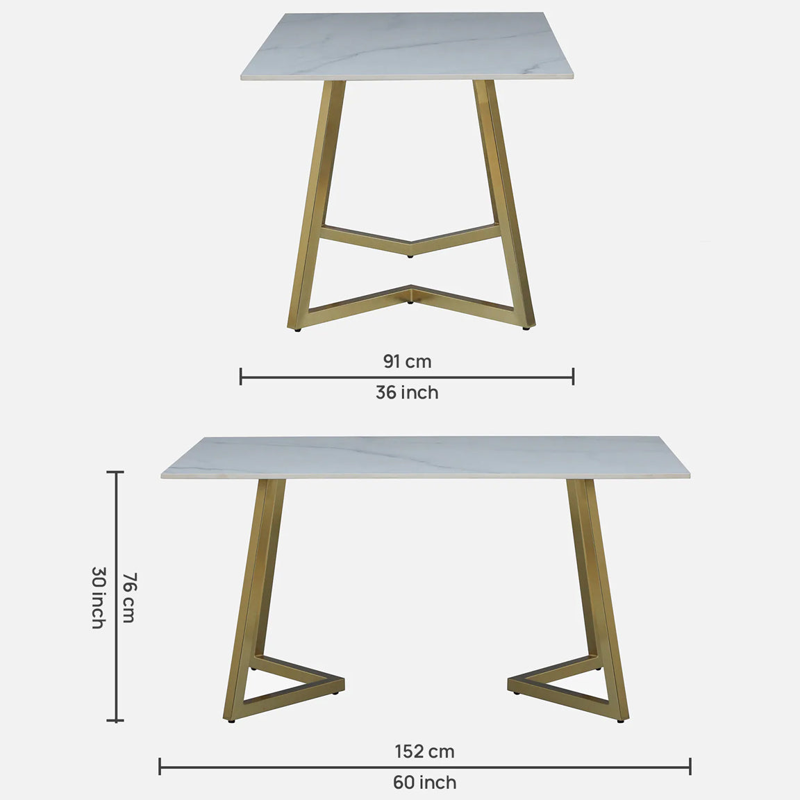 Metallic 6 Seater Dining Table with White Porcelain Top - dimensions