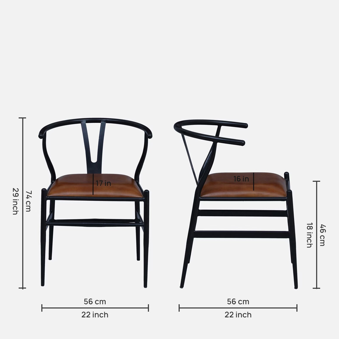 Metallic Black Chair with Tan Finish Leather Seat - dimensions