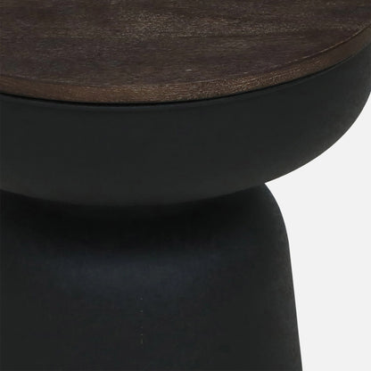 Metallic Black Side Table with Walnut Finish Wood Top - close-up detail