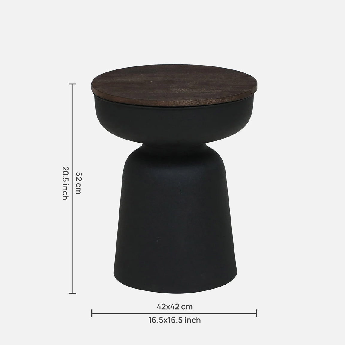 Metallic Black Side Table with Walnut Finish Wood Top - dimensions
