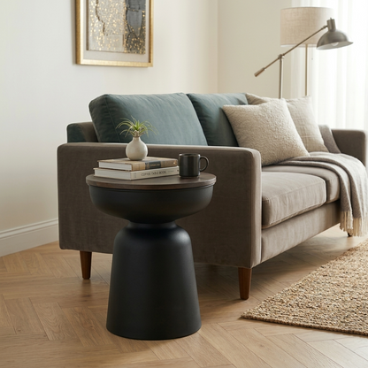 Metallic Black Side Table with Walnut Finish Wood Top - styled room view