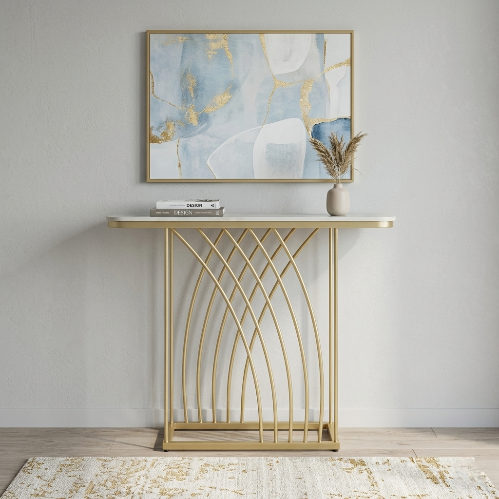 Metallic Electroplated Golden Console Table with White Porcelain Top - styled room view