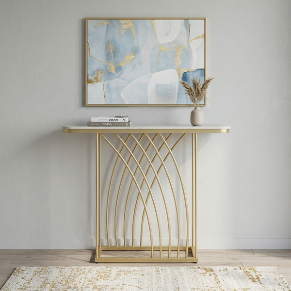 Metallic Electroplated Golden Console Table with White Porcelain Top - styled room view