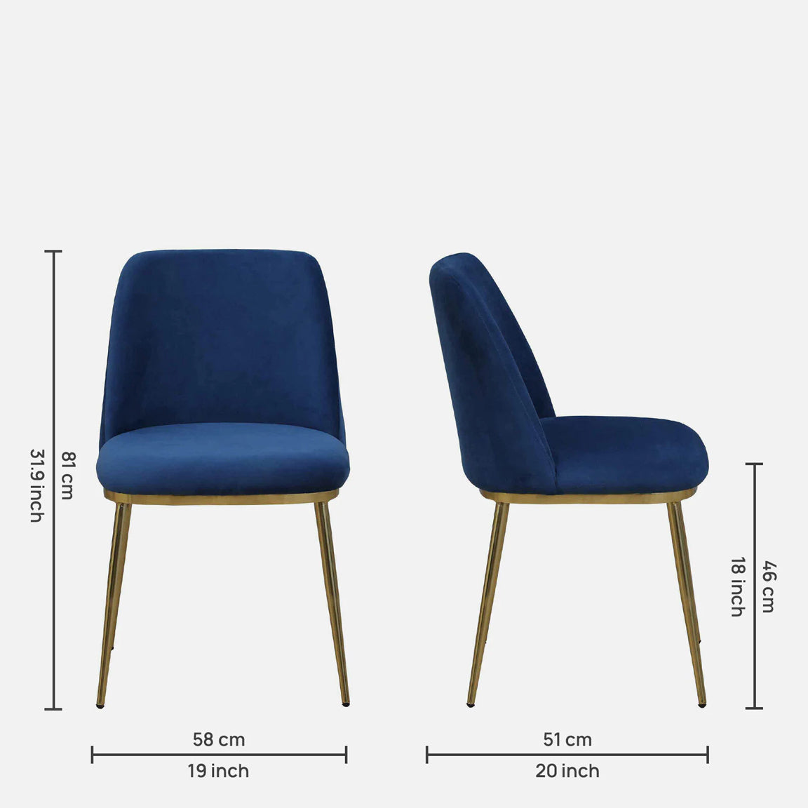 Avila 6 Seater Metallic Dining Set in Glossy Gold and Blue Velvet Chair - Metallic Dining Chair With Blue Fabric And Golden Electroplated Finish Dimensions