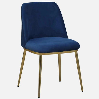 Avila 6 Seater Metallic Dining Set in Glossy Gold and Blue Velvet Chair - Metallic Dining Chair With Blue Fabric And Golden Electroplated Finish