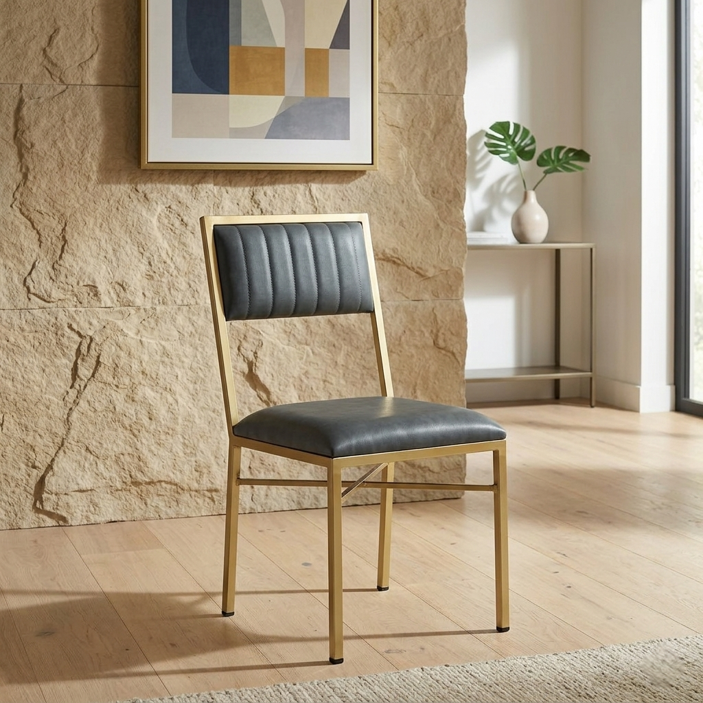 Metallic Dining Chair with Leatherette Upholstery and Matt Gold Finish - styled room view