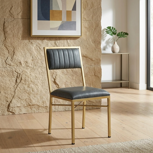 Metallic Dining Chair with Leatherette Upholstery and Matt Gold Finish - styled room view