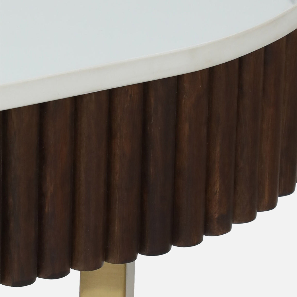 Metallic Electroplated Golden Console Table with Fluted Design Mango Wood and White Porcelain Top - close-up detail