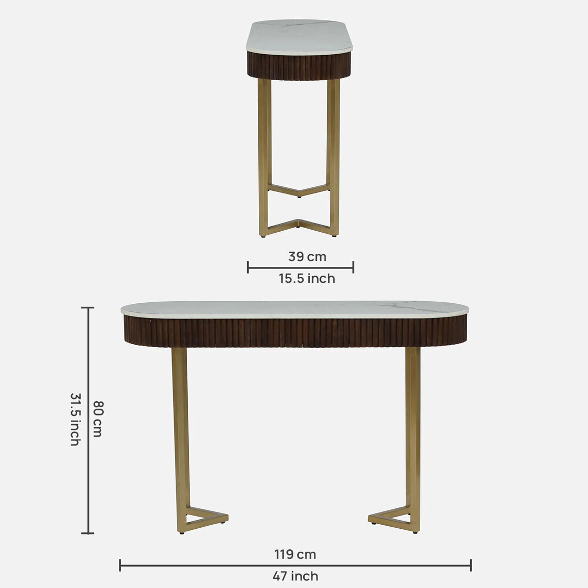 Metallic Electroplated Golden Console Table with Fluted Design Mango Wood and White Porcelain Top - dimensions