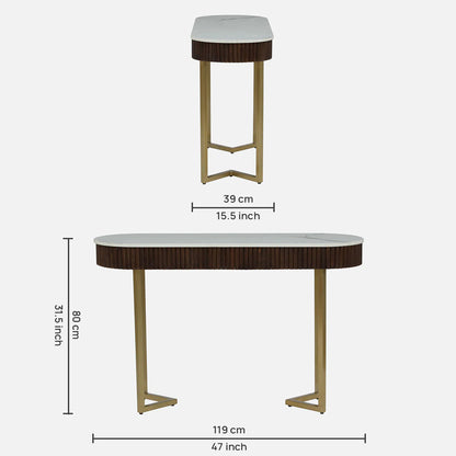 Metallic Electroplated Golden Console Table with Fluted Design Mango Wood and White Porcelain Top - dimensions