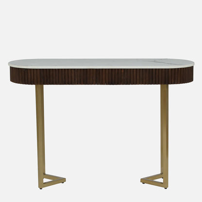 Metallic Electroplated Golden Console Table with Fluted Design Mango Wood and White Porcelain Top - front view