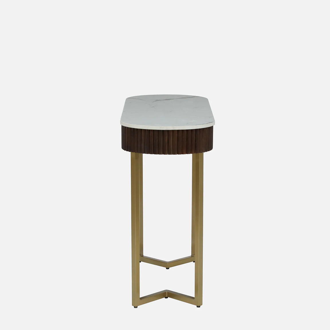 Metallic Electroplated Golden Console Table with Fluted Design Mango Wood and White Porcelain Top - side view