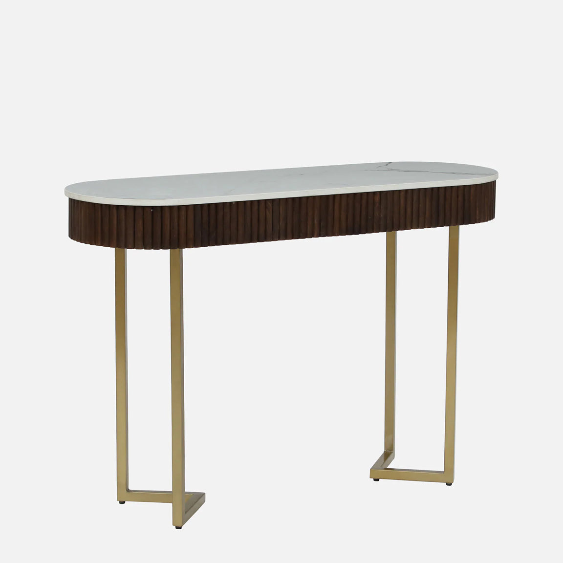 Metallic Electroplated Golden Console Table with Fluted Design Mango Wood and White Porcelain Top