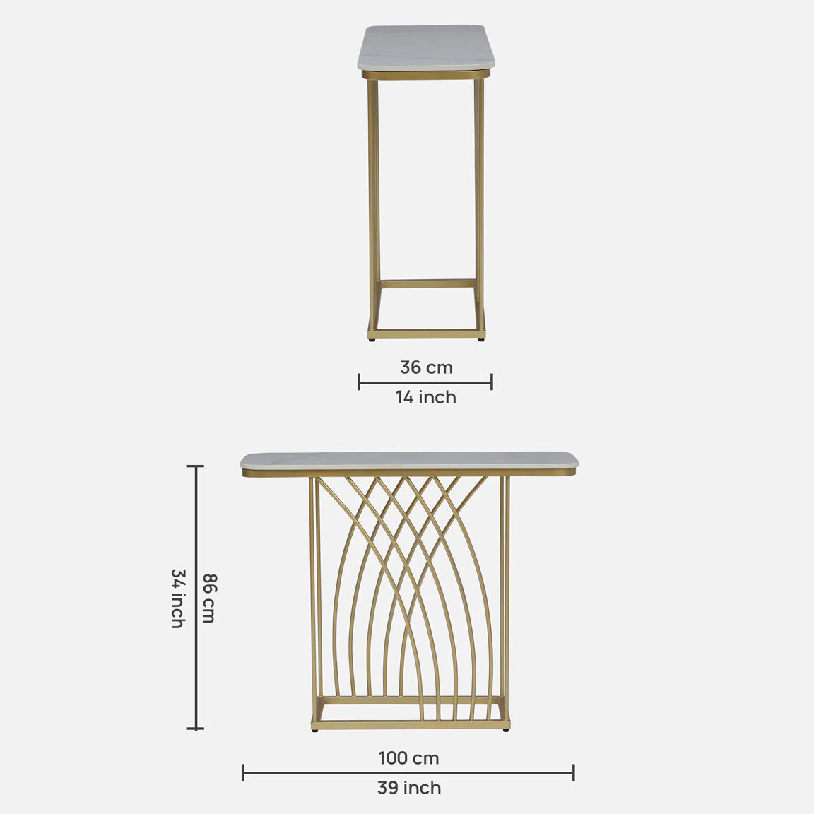 Metallic Electroplated Golden Console Table with White Porcelain Top - dimensions