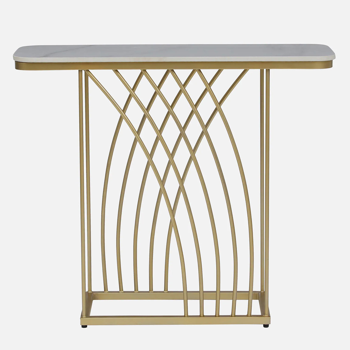 Metallic Electroplated Golden Console Table with White Porcelain Top - front view
