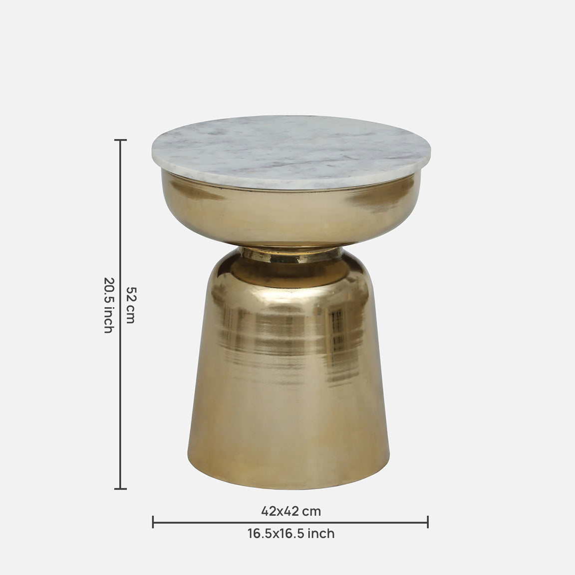 Metallic Golden Side Table with White Marble Top - dimensions