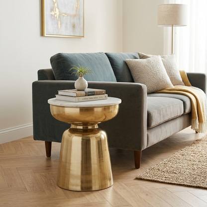 Metallic Golden Side Table with White Marble Top - styled room view