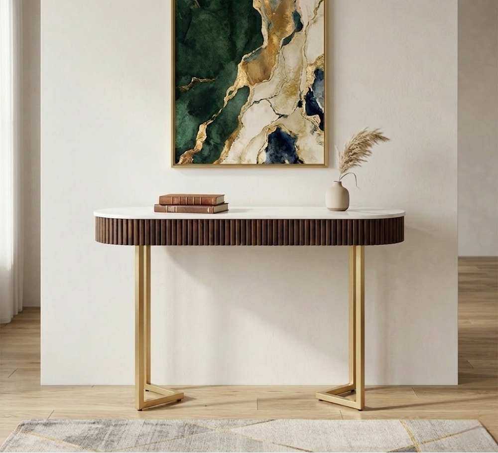 Metallic Electroplated Golden Console Table with Fluted Design Mango Wood and White Porcelain Top - styled room view